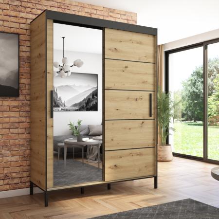 Szafa przesuwna Braga 160 z lustrem, Artisan, Czarne listwy