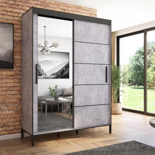 Przejdź do produktu Szafa przesuwna Braga 160 z lustrem, Beton, Czarne listwy