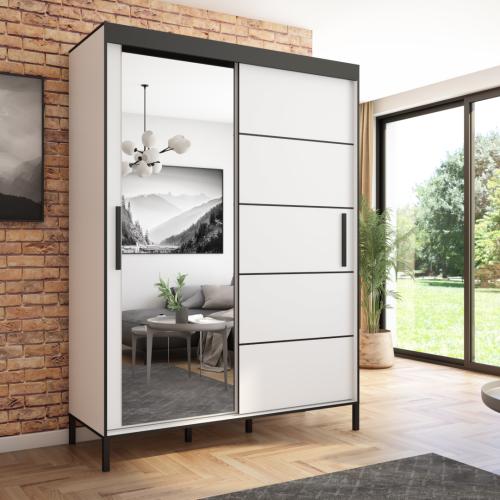 Przejdź do produktu Szafa przesuwna Braga 160 z lustrem, Biała, Czarne listwy