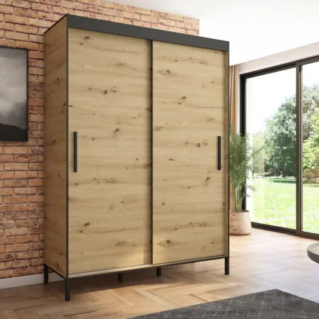 Szafa przesuwna BRAGA 160 gładka, Artisan, Czarne listwy