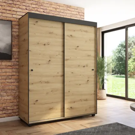 Szafa przesuwna Porto 160 gładka, Artisan, Czarne listwy