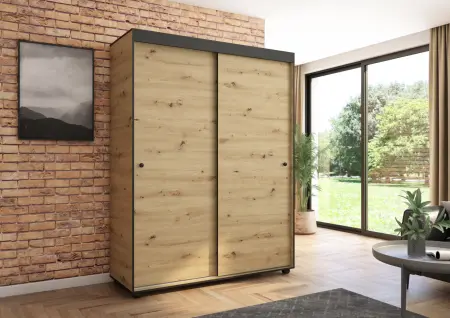 Szafa przesuwna Porto 160 gładka, Artisan, Czarne listwy HD