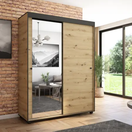 Szafa przesuwna Porto 160 z lustrem, Artisan, Czarne listwy