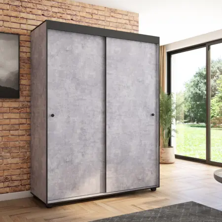 Szafa przesuwna Porto 160 gładka, Beton, Czarne listwy