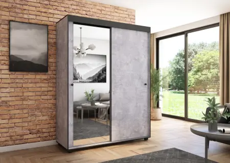 Szafa przesuwna Porto 160 z lustrem, Beton, Czarne listwy HD