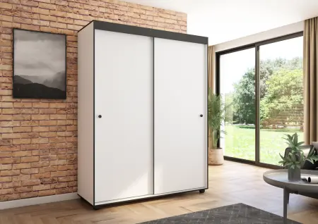 Szafa przesuwna Porto 160 gładka, Biała, Czarne listwy HD