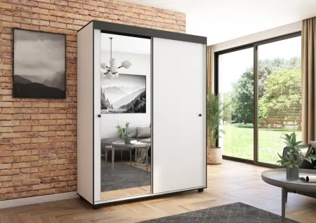 Szafa przesuwna Porto 160 z lustrem, Biała, Czarne listwy HD