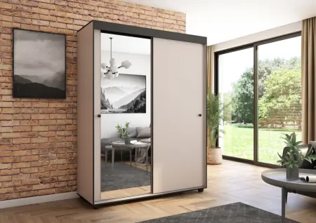 Szafa przesuwna Porto 160 z lustrem, Kaszmir, Czarne listwy HD