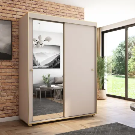 Szafa przesuwna Porto 160 z lustrem, Kaszmir, Złote listwy