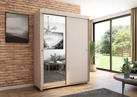 Szafa przesuwna Porto 160 z lustrem, Kaszmir, Złote listwy HD