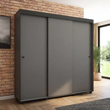 Szafa przesuwna Porto 205 gładka, Antracyt, Czarne listwy