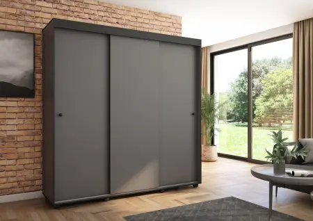 Szafa przesuwna Porto 205 gładka, Antracyt, Czarne listwy HD