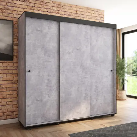 Szafa przesuwna Porto 205 gładka, Beton, Czarne listwy