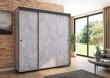 Szafa przesuwna Porto 205 gładka, Beton, Czarne listwy HD