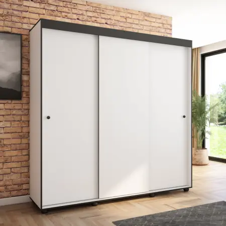 Szafa przesuwna Porto 205 gładka, Biała, Czarne listwy