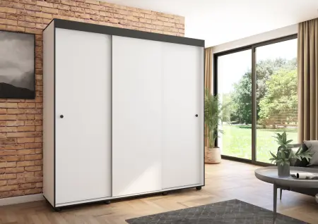 Szafa przesuwna Porto 205 gładka, Biała, Czarne listwy HD