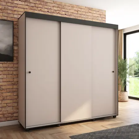 Szafa przesuwna Porto 205 gładka, Kaszmir, Czarne listwy