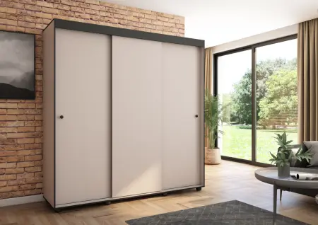 Szafa przesuwna Porto 205 gładka, Kaszmir, Czarne listwy HD