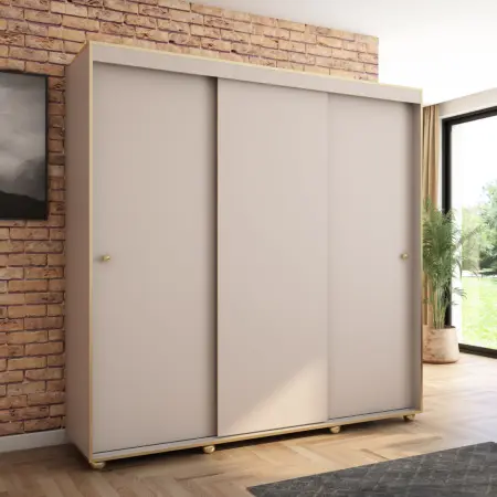 Szafa przesuwna Porto 205 gładka, Kaszmir, Złote listwy