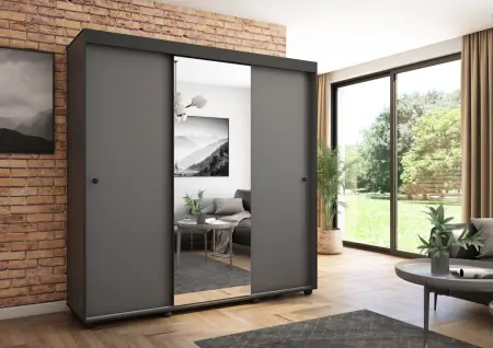 Szafa przesuwna Porto 205 z lustrem, Antracyt, Czarne listwy HD