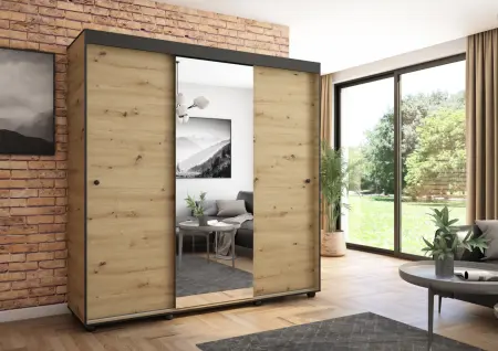 Szafa przesuwna Porto 205 z lustrem, Artisan, Czarne listwy HD