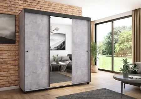 Szafa przesuwna Porto 205 z lustrem, Beton, Czarne listwy HD