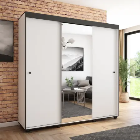 Szafa przesuwna Porto 205 z lustrem, Biała, Czarne listwy