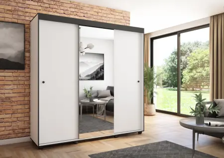 Szafa przesuwna Porto 205 z lustrem, Biała, Czarne listwy HD