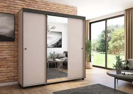 Szafa przesuwna Porto 205 z lustrem, Kaszmir, Czarne listwy HD