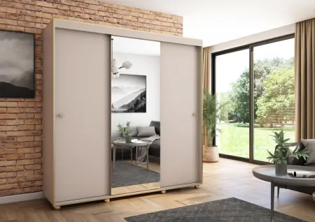 Szafa przesuwna Porto 205 z lustrem, Kaszmir, Złote listwy HD