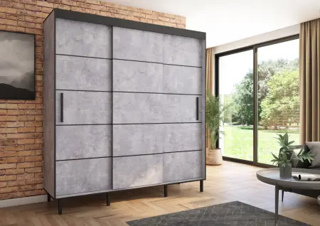 Szafa przesuwna BRAGA 205, Beton, Czarne listwy HD