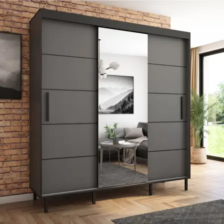 Szafa przesuwna BRAGA 205 z lustrem, Antracyt, Czarne listwy