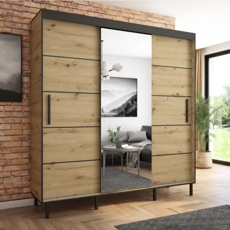 Szafa przesuwna BRAGA 205 z lustrem, Artisan, Czarne listwy