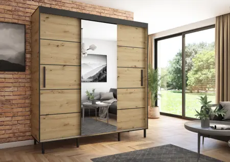 Szafa przesuwna BRAGA 205 z lustrem, Artisan, Czarne listwy HD