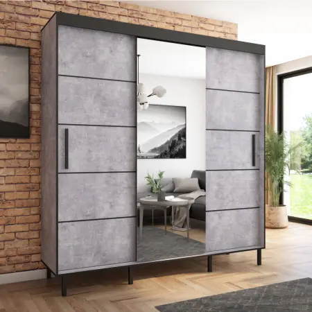 Szafa przesuwna BRAGA 205 z lustrem, Beton, Czarne listwy