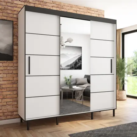 Szafa przesuwna BRAGA 205 z lustrem, Biała, Czarne listwy