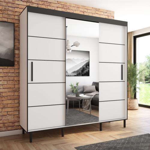 Przejdź do produktu Szafa przesuwna Braga 205 z lustrem, Biała, Czarne listwy