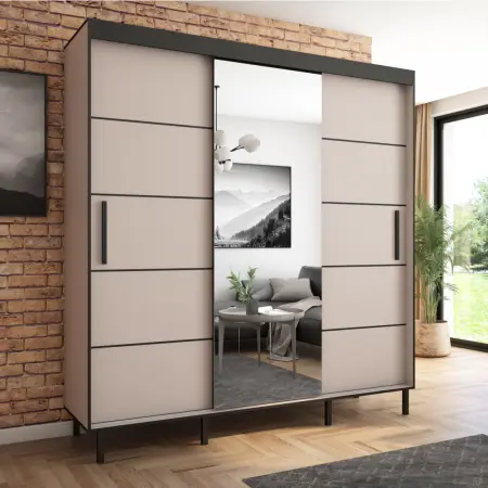 Szafa przesuwna BRAGA 205 z lustrem, Kaszmir, Czarne listwy