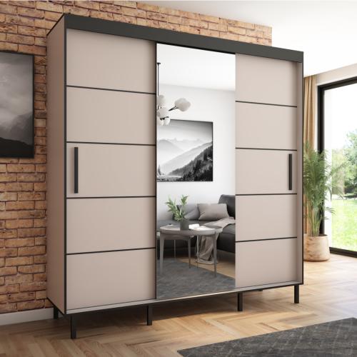 Przejdź do produktu Szafa przesuwna Braga 205 z lustrem, Kaszmir, Czarne listwy