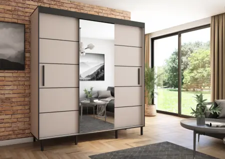 Szafa przesuwna BRAGA 205 z lustrem, Kaszmir, Czarne listwy HD