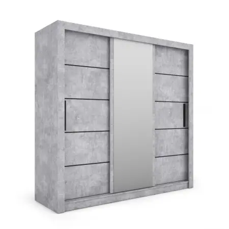Szafa przesuwna Monako 205, Beton, Lustro, Czarne listwy
