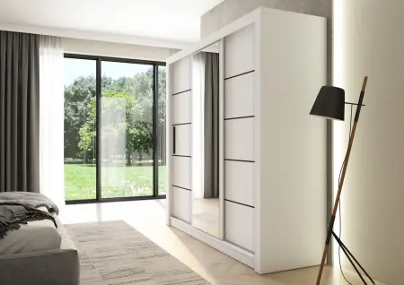 Szafa przesuwna Monako 205, Biała, Lustro, Czarne listwy HD2