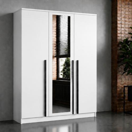 Przejdź do produktu Szafa 150 cm Biała – ITO  3-drzwiowa z lustrem  szufladami i półkami     