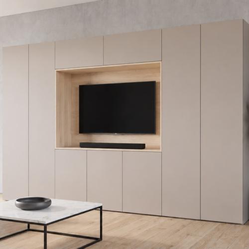 Przejdź do produktu SANTI – nowoczesna meblościanka z miejscem na TV | Kaszmir / Dąb Cremona