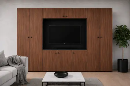 alt: Meblościanka SANTI orzech Warmia/czarny do nowoczesnego salonu