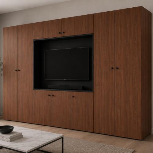 Przejdź do produktu SANTI – nowoczesna meblościanka 350 cm z miejscem na TV  | Orzech Warmia / Czarny uchwyt gałka meblowa
