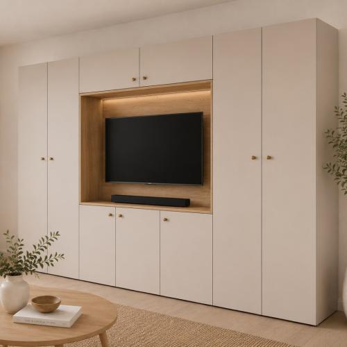 Przejdź do produktu SANTI – nowoczesna meblościanka 350 cm z miejscem na TV | Kaszmir / Dąb Cremona gałka meblowa
