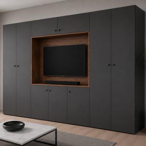 Przejdź do produktu SANTI – nowoczesna meblościanka 350 cm z miejscem na TV | Czarny/Orzech Warmia gałka meblowa 