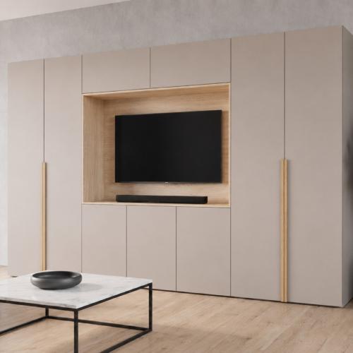 Przejdź do produktu SANTI – nowoczesna meblościanka 350 cm z miejscem na TV | Kaszmir / Dąb Cremona lamela 