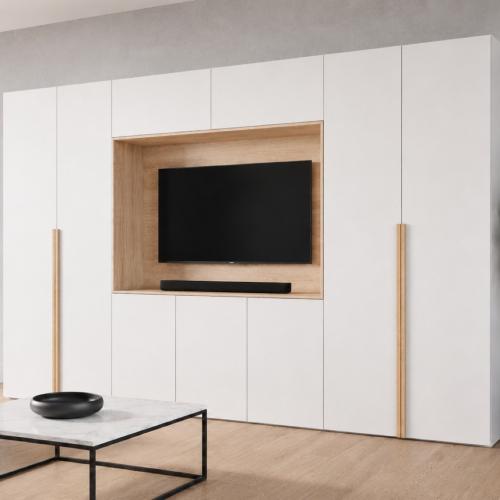 Przejdź do produktu SANTI – nowoczesna meblościanka 350 cm z miejscem na TV | Biały/ Dąb Cremona uchwyt lamela